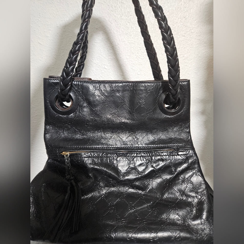 BCBGirls Black Leather Tote with Braided Handles